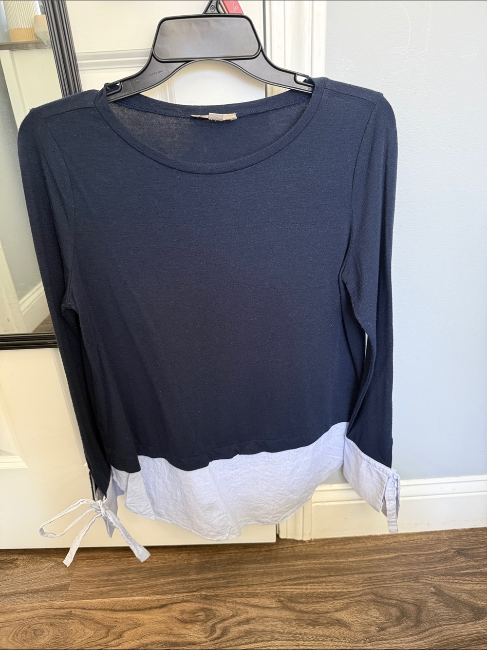 LOFT Navy Long-Sleeve Layered-Look Top with White Hem